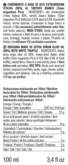 ORO IN CUCINA®: Dressing based on EXTRA OLIVE OIL with WHITE TRUFFLE SLICES (Tuber magnatum Pico) 55ml / 100ml