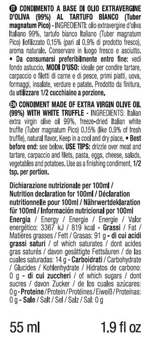 ORO IN CUCINA®: Dressing based on EXTRA OLIVE OIL with WHITE TRUFFLE SLICES (Tuber magnatum Pico) 55ml / 100ml