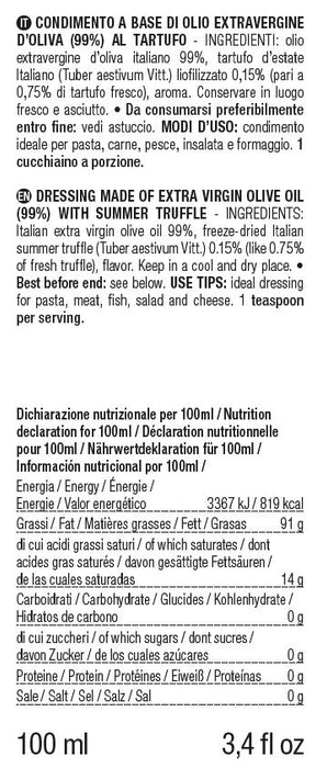 ORO IN CUCINA®: Dressing based on EXTRA VIRGIN OLIVE OIL with SLICES OF BLACK SUMMER TRUFFLE (Tuber aestivum Vitt.)