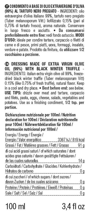 ORO IN CUCINA®: Dressing based on EXTRA VIRGIN OLIVE OIL with SLICES OF BLACK TRUFFLE (Tuber melanosporum Vitt.) 100ml