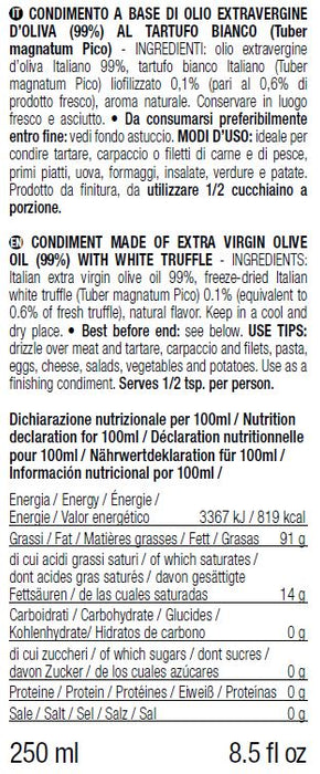 ORO IN CUCINA®: Condimento a base di OLIO EXTRAV d'OLIVA con FETTINE DI TARTUFO BIANCO  (Tuber magnatum Pico) 250ml